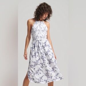 Superdry Vintage Smocked Halter Neck Floral MIDI Dress M Summer Boho Beachy